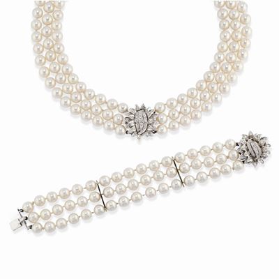 Demi parure in oro bianco 18k con perle coltivate e diamanti