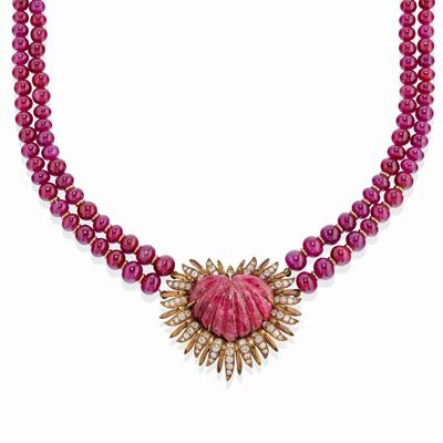 Collana in oro giallo 14k e argento con rubini e diamanti