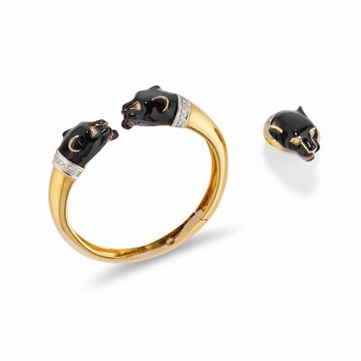 Demi parure in oro bicolore 18k con pantere smaltate e diamanti
