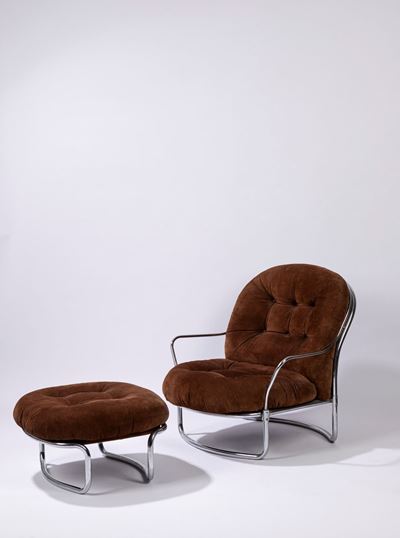 Carlo De Carli, Poltrona e ottomana, design 1969, tubolare cromato