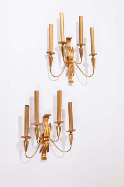 Coppia di lampade a quattro luci in ottone dorato