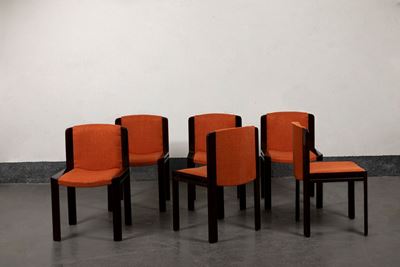 Sei sedie, Modello 300, 1966, legno e tessuto