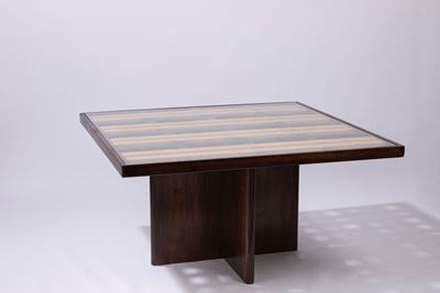 Tavolo, legno con struttura a listelli e piano in cristallo, circa 1960