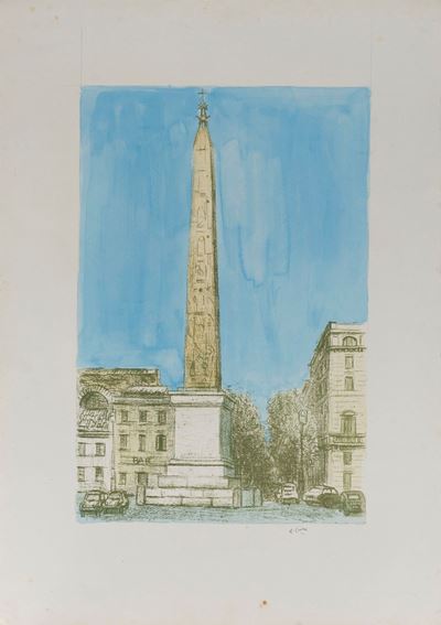 Piazza con obelisco, tecnica mista su base litografica