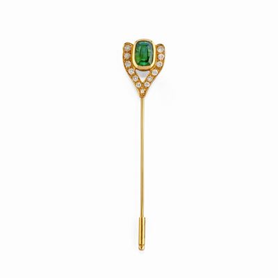 Spilla in oro giallo 18k con tormalina verde e diamanti
