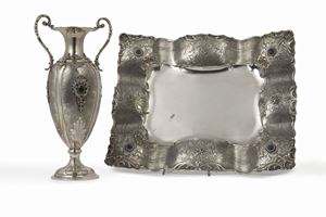 Silver vase and tray with hard stones