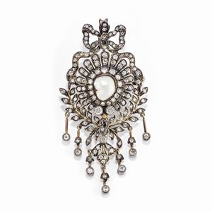 Brooch-pendant with diamonds and pearl