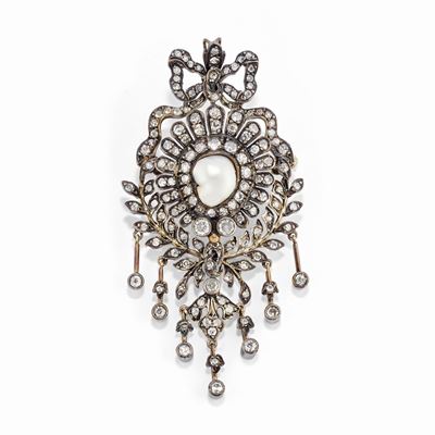 Spilla pendente in oro giallo e argento con diamanti e perla barocca, XIX secolo