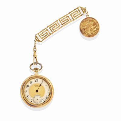 Orologio da tasca in oro giallo 18k, movimento a carica manuale