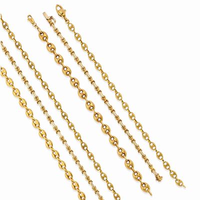 Tre collane e tre bracciali, in oro bicolore 18k