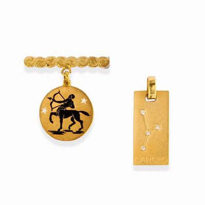 Pendente-spilla in oro giallo 18k con rappresentazione zodiacale e diamanti