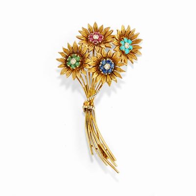 Spilla a fiori in oro giallo 18k con pietre preziose