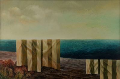 Tendaggi sul mare, olio su tela, 1983