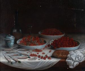 Scuola fiamminga, fine secolo XVII - inizi secolo XVIII - Strawberries, currants, cherries and bread on a table