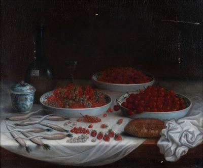 Fragole, ribes, ciliegie e pane su un tavolo, olio su tela, cm 54,5 x 64,5
