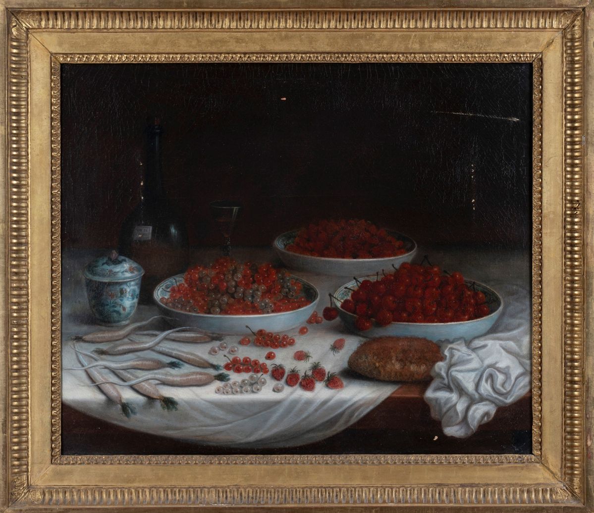Scuola Fiamminga, Fine Secolo XVII - Inizi Secolo XVIII - Fragole, ribes, ciliegie e pane su un t...