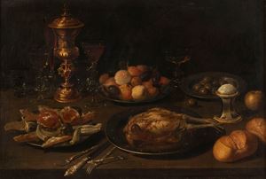 Scuola fiamminga, secolo XVIII - Table with silver chalice, glasses and cutlery