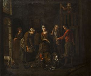 Interior scene with pottery seller