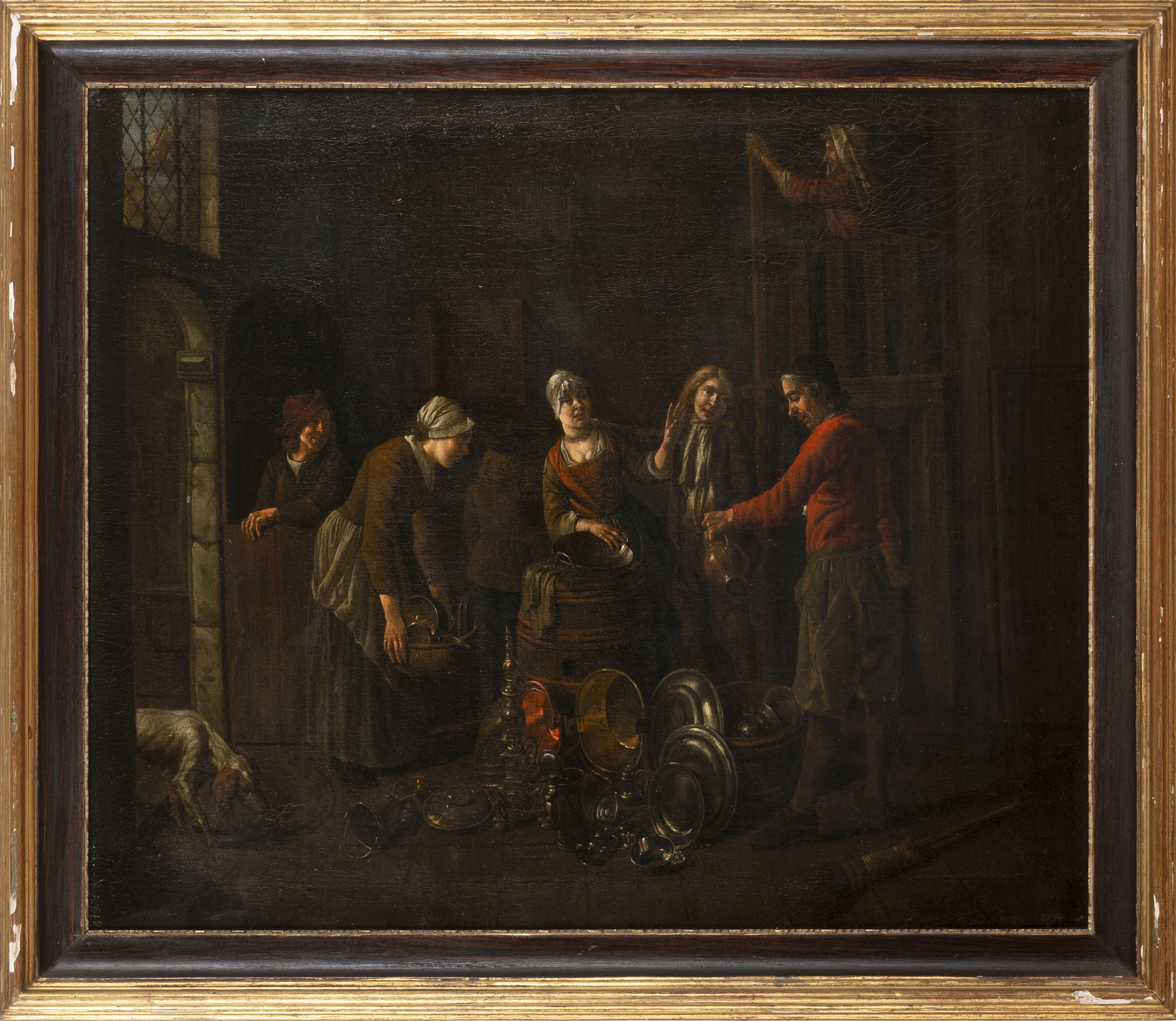 Scuola Fiamminga, Secolo XVII - Scena D'interno con Venditore di Vasellame