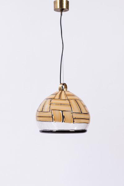 Sospensione, vetro soffiato a tessere, Murano, h 80 x 30 cm, circa 1970
