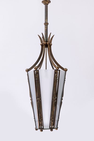 Lampada a sospensione in ottone massiccio e vetro, circa 1930