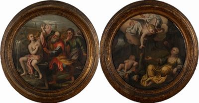 Anonimo, Due scene del Vecchio Testamento: Agar e l'Angelo e Susanna e i Vecchioni, olio su tavol...