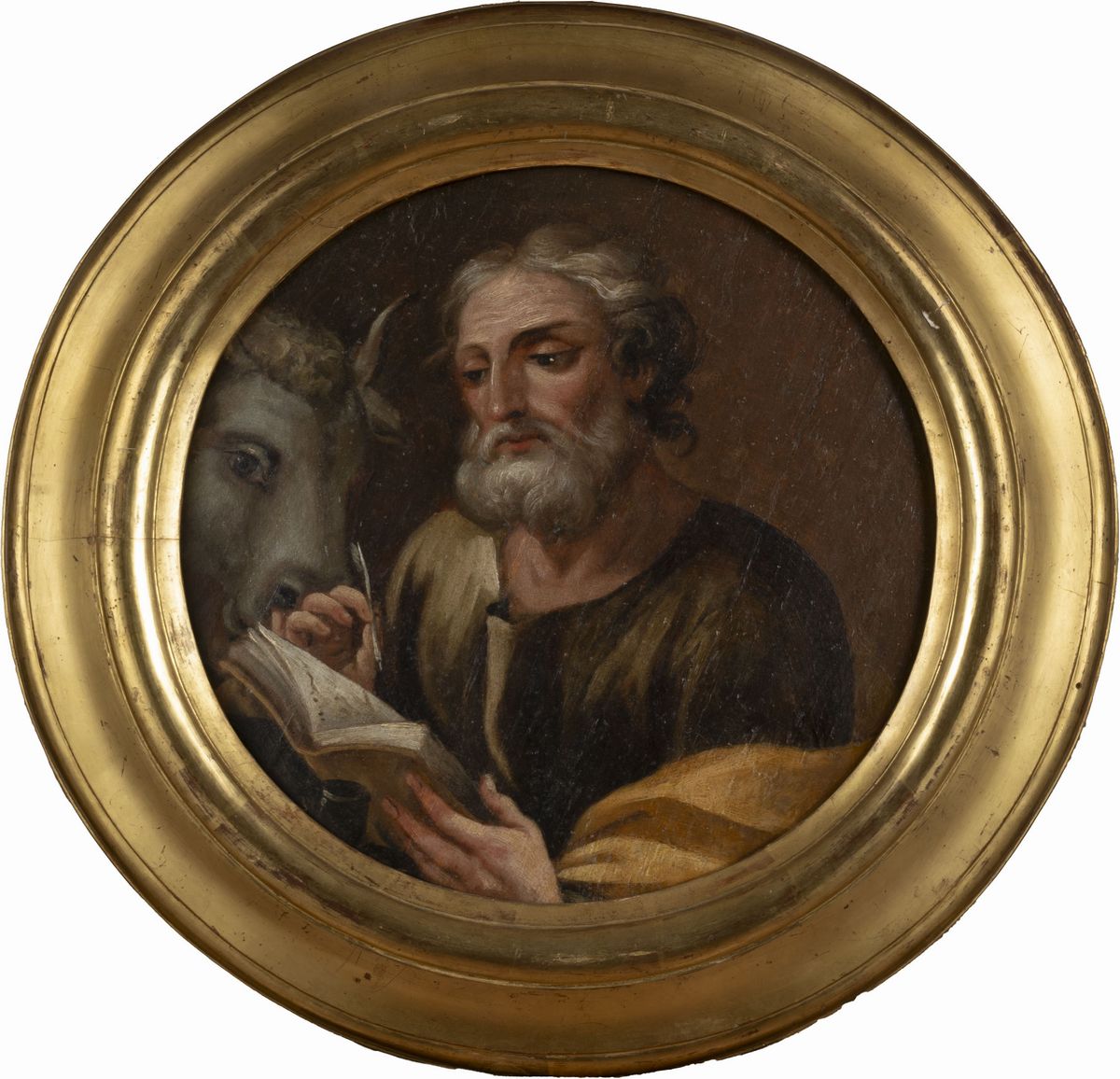 Scuola Napoletana, Secolo XVIII - San Luca, olio su tavola in tondo, diametro cm 30