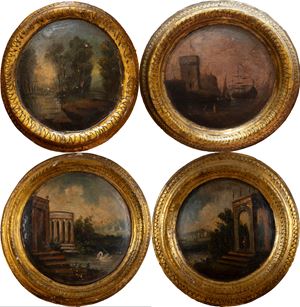 Scuola italiana, secolo XVIII - Lot consisting of four paintings depicting capricci and landscapes