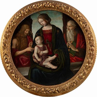 Madonna con Bambino, San Giovanni Battista e Santo Monaco, olio su tavola, diametro cm 84