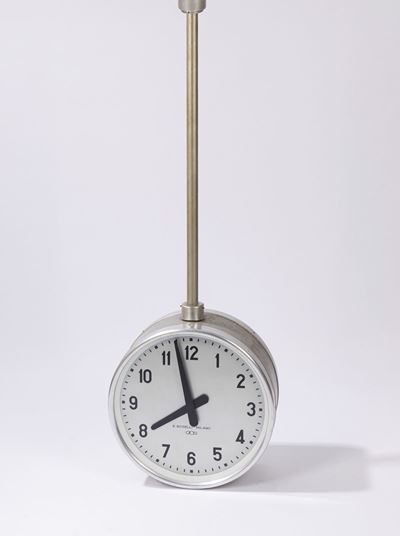 Grande orologio bifacciale da soffitto in metallo e vetro