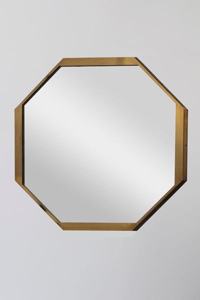 Specchio esagonale da parete con cornice in ottone, circa 1970