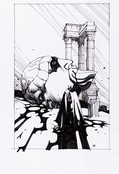 Preliminare di copertina per 'Batman: Ianus', china e pennarello su carta