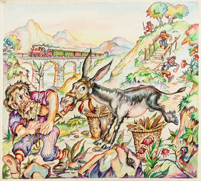 L'asino e il vecchio pastore - Illustrazione per 'Favole esopiane', matita, china e acquerello su...
