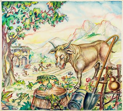 Favole esopiane - La rana e il bove, matita, china e acquerello su cartoncino