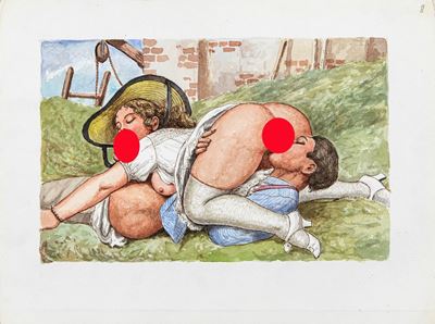 Illustrazione di Carlo Scipione Ferrero, Nel fienile, tempera e acquerello su cartoncino