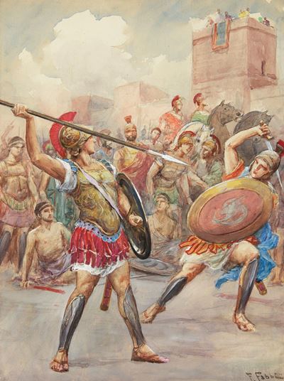 L'Iliade - Il duello di Paride e Menelao, matita, china, acquerello e tempera su cartoncino