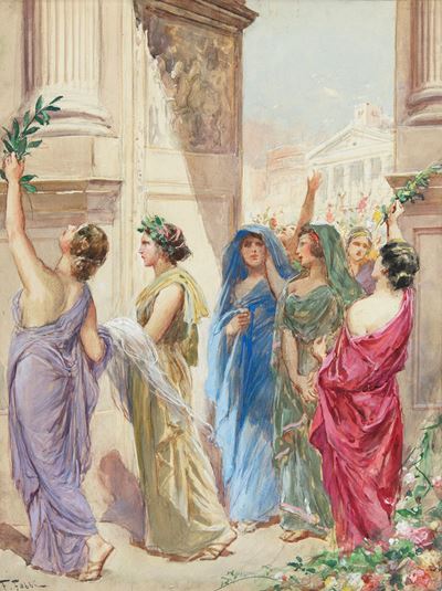 L’Iliade - L'offerta delle matrone a Minerva, matita, china, acquerello e tempera su cartoncino