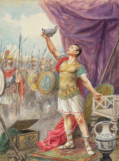 Achille invoca da Giove la vittoria - Illustrazione per L'Iliade, matita, china, acquerello e tem...