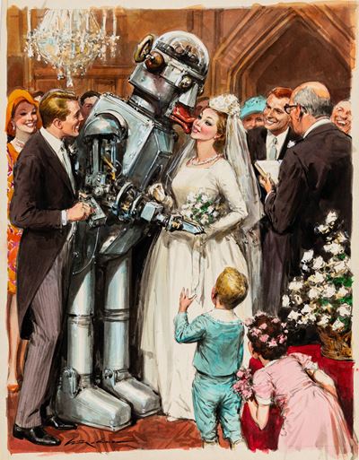 Matrimonio robotico, tempera e acquerello su cartoncino