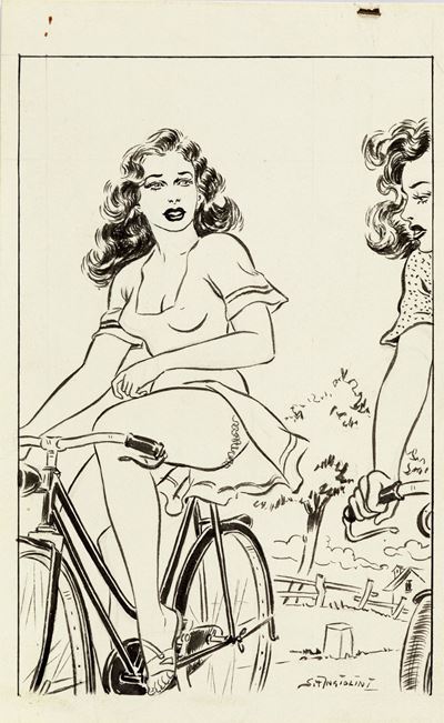 Amiche in bicicletta, matita e china su cartoncino