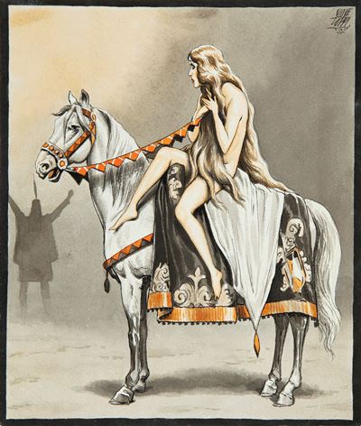 Lady Godiva, matita, china, acquerello e tempera su cartoncino