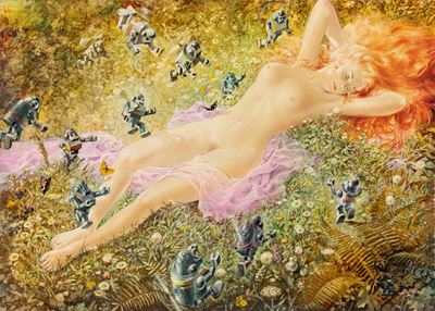 Fanciulla dormiente e robot, tempera su cartone