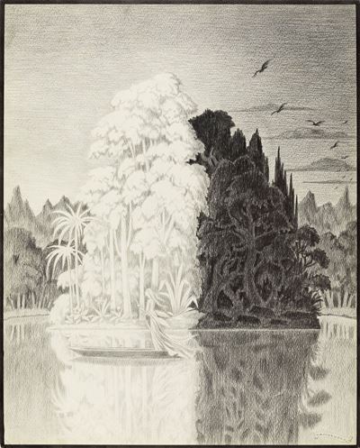 Illustrazione per 'L'isola della fata' di Edgar Allan Poe, matita su cartone