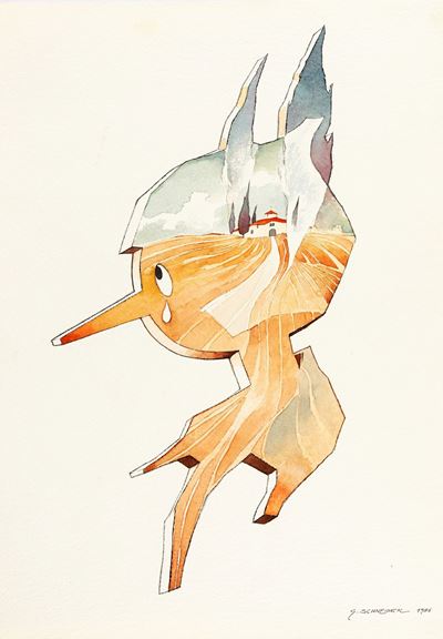 Illustrazione originale di Pinocchio, matita, china e acquerello su cartoncino