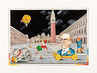 Pinocchio e Collodi in Piazza San Marco, tecnica mista su cartoncino