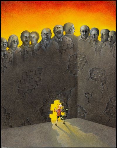 Pinocchio e il dilemma del muro, tempera su cartone