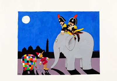 Pinocchio e Elmer l'elefante, tempera su cartoncino
