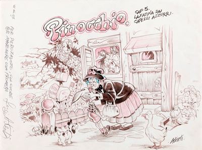 Pinocchio e la fatina dai capelli turchini, matita, china e pastello su cartoncino