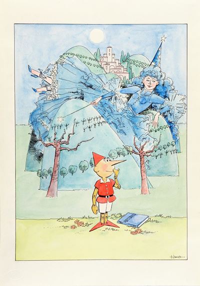 Pinocchio e la fata turchina, matita, china e acquerello su cartoncino