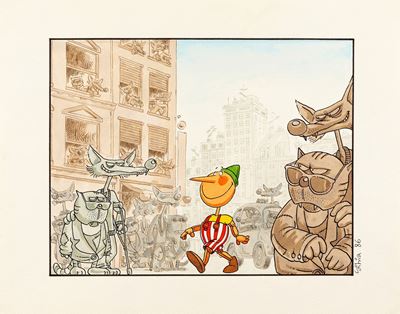 Pinocchio e le cattive compagnie, matita, china e acquerello su cartoncino